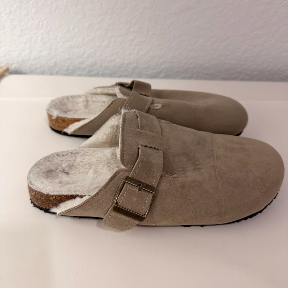 Beige Faux Suede Slip-On Clogs with Buckle | Modern Boho Comfort Shoes